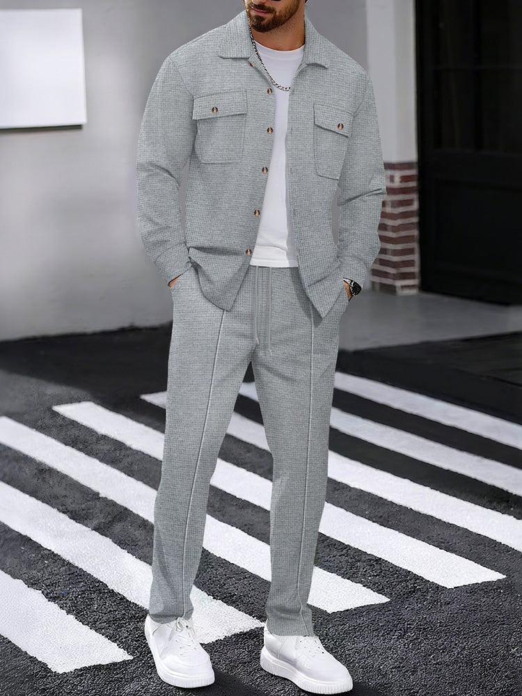 Waffle Knit Lapel Collar 2-Piece Shirt Set