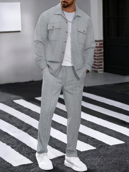 Waffle Knit Lapel Collar 2-Piece Shirt Set