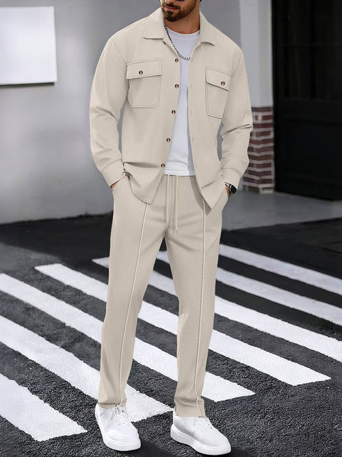 Waffle Knit Lapel Collar 2-Piece Shirt Set