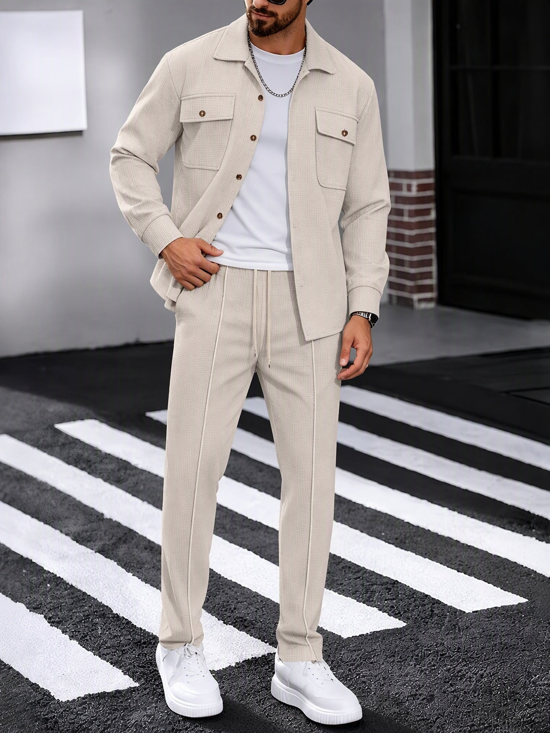 Waffle Knit Lapel Collar 2-Piece Shirt Set