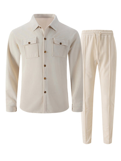 Waffle Knit Lapel Collar 2-Piece Shirt Set