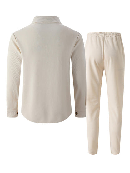 Waffle Knit Lapel Collar 2-Piece Shirt Set