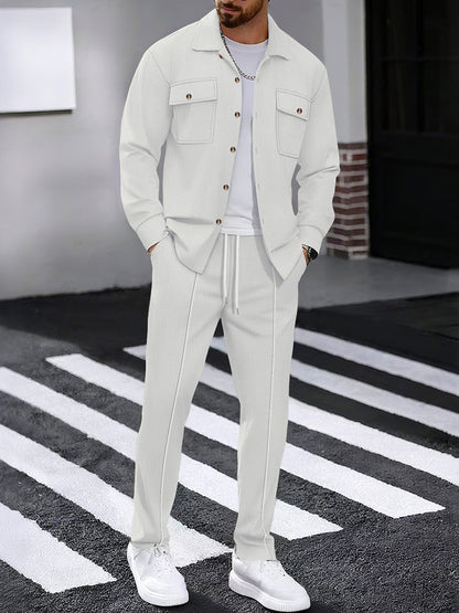 Waffle Knit Lapel Collar 2-Piece Shirt Set