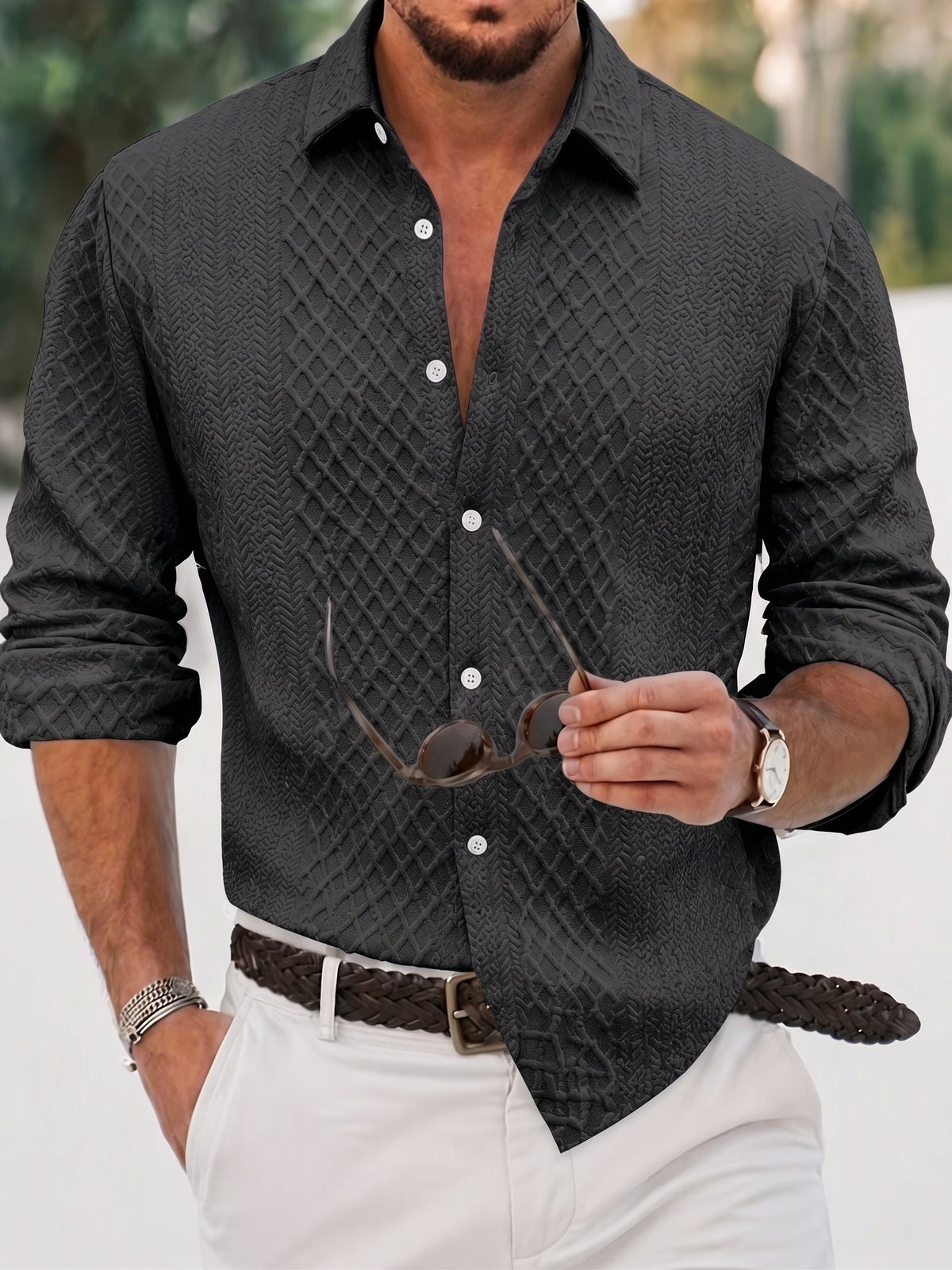 Embossed Jacquard Long Sleeve Button-Down Shirt