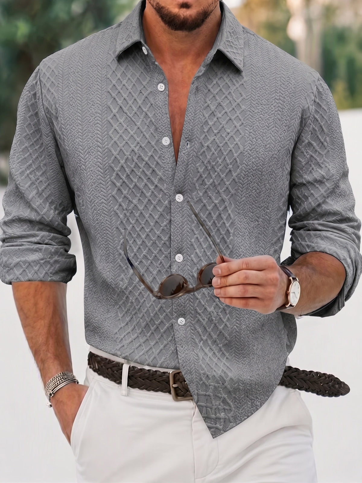 Embossed Jacquard Long Sleeve Button-Down Shirt