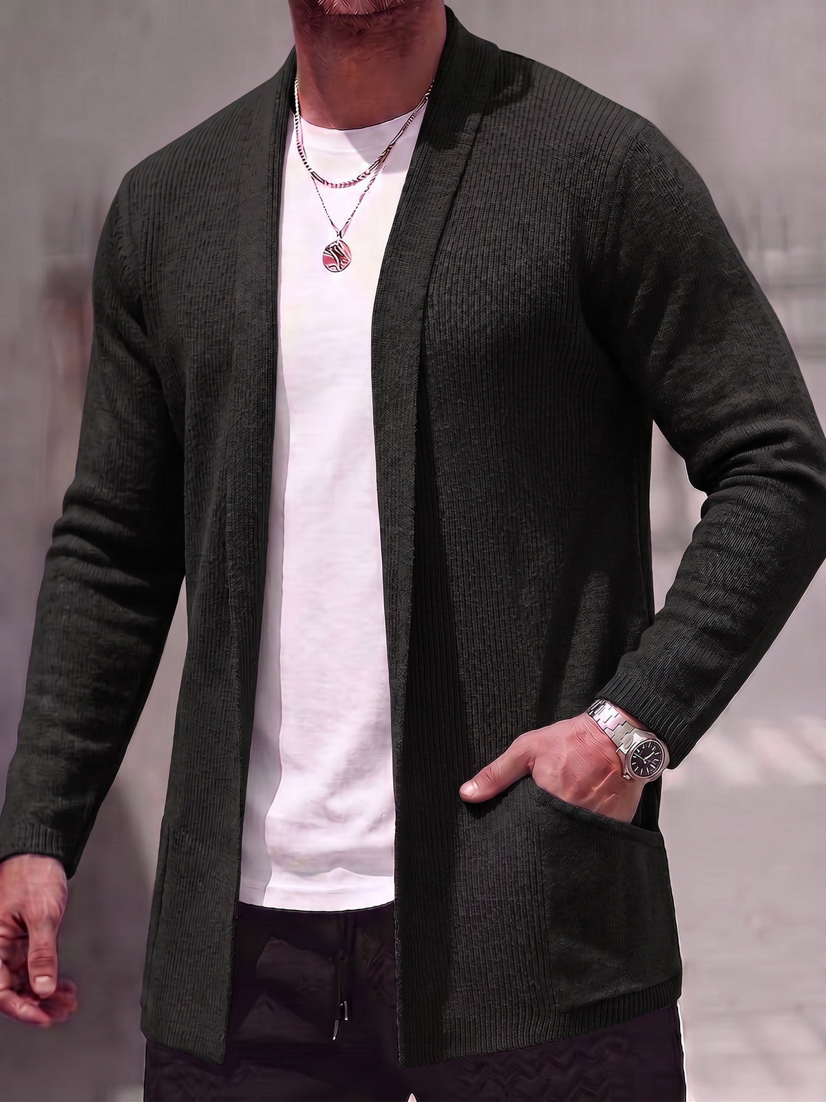 Solid Ribbed Knit Open Front Cardigan