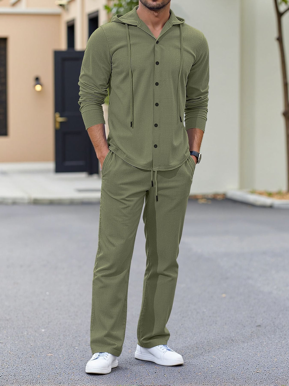 Hooded Button-Down Crinkle 2-Piece Set
