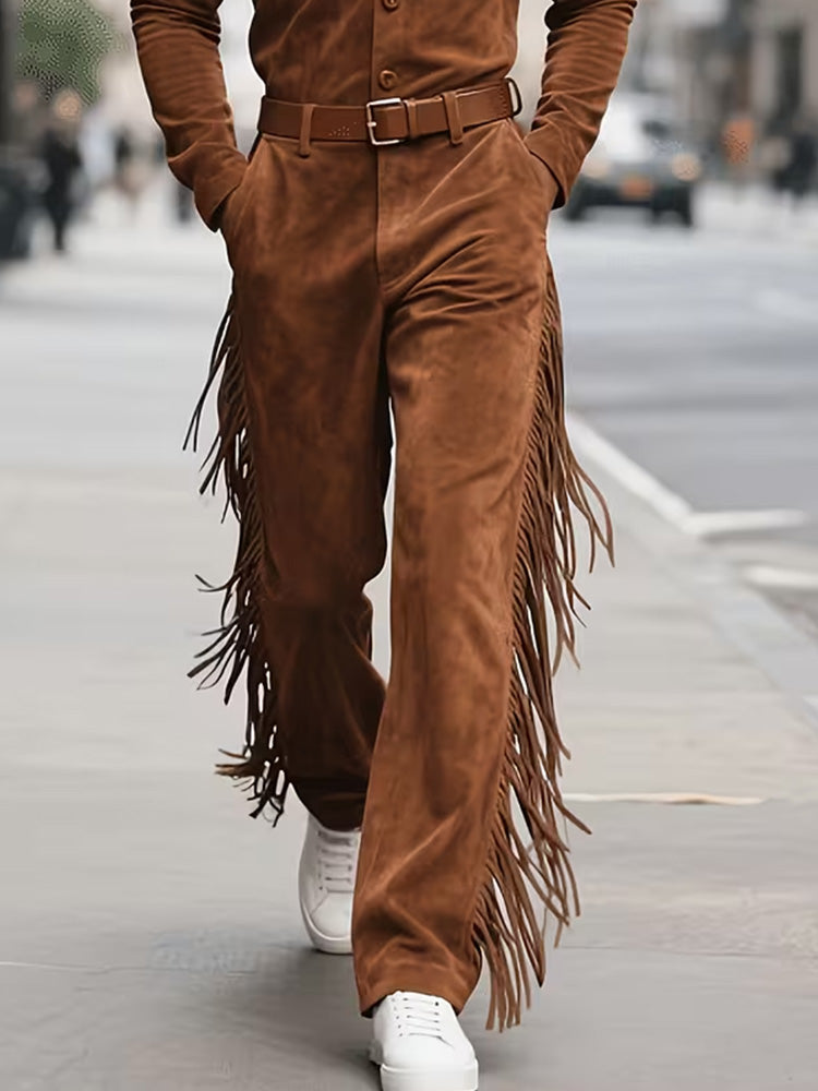 Western Faux Suede Long Fringe Straight Flare Trousers