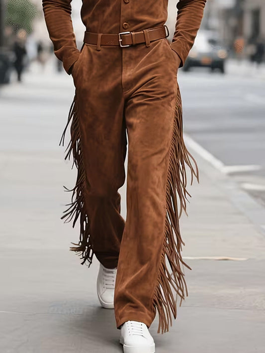 Western Faux Suede Long Fringe Straight Flare Trousers