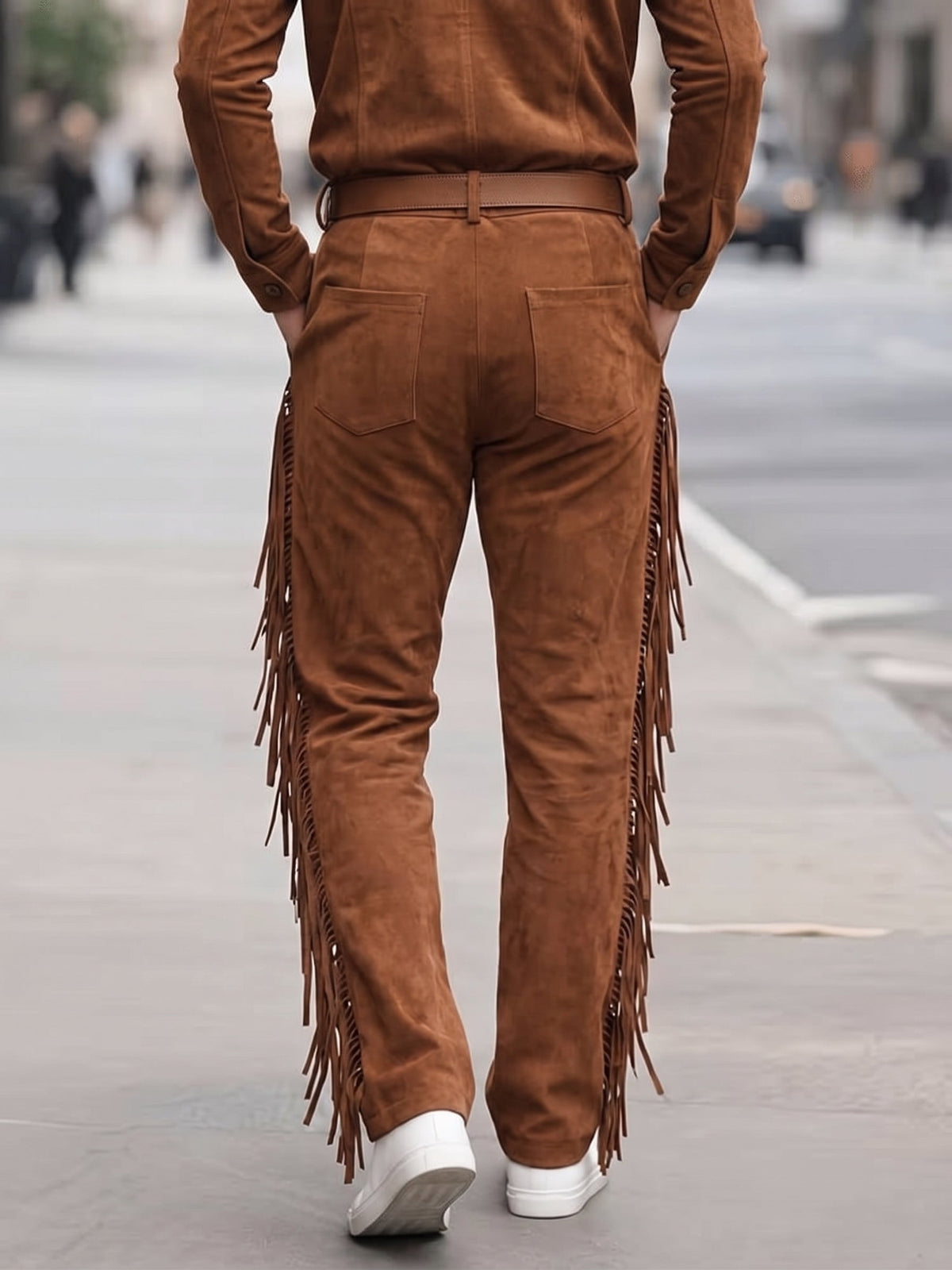 Western Faux Suede Long Fringe Straight Flare Trousers