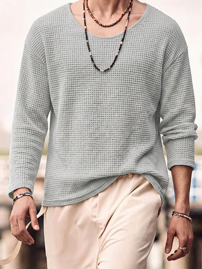 Waffle Knit Deep U-Neck Drop Shoulder Pullover Shirt