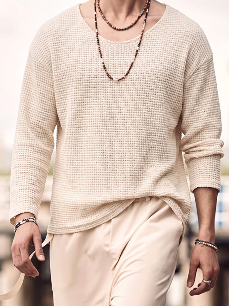Waffle Knit Deep U-Neck Drop Shoulder Pullover Shirt