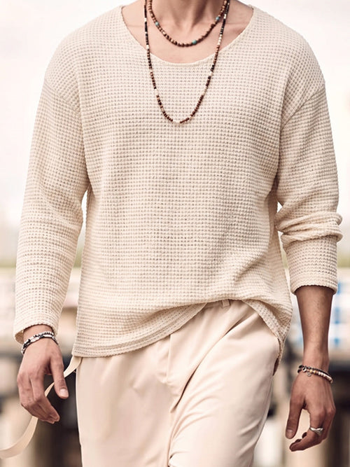 Waffle Knit Deep U-Neck Drop Shoulder Pullover Shirt