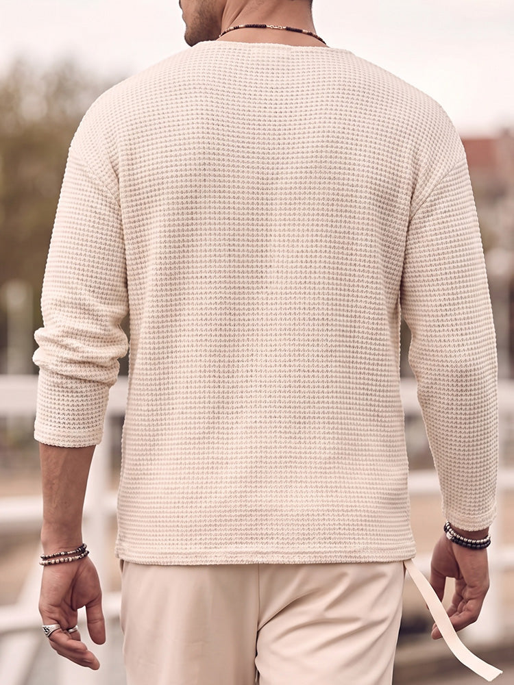 Waffle Knit Deep U-Neck Drop Shoulder Pullover Shirt