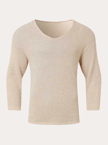 Waffle Knit Deep U-Neck Drop Shoulder Pullover Shirt