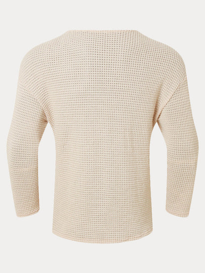 Waffle Knit Deep U-Neck Drop Shoulder Pullover Shirt