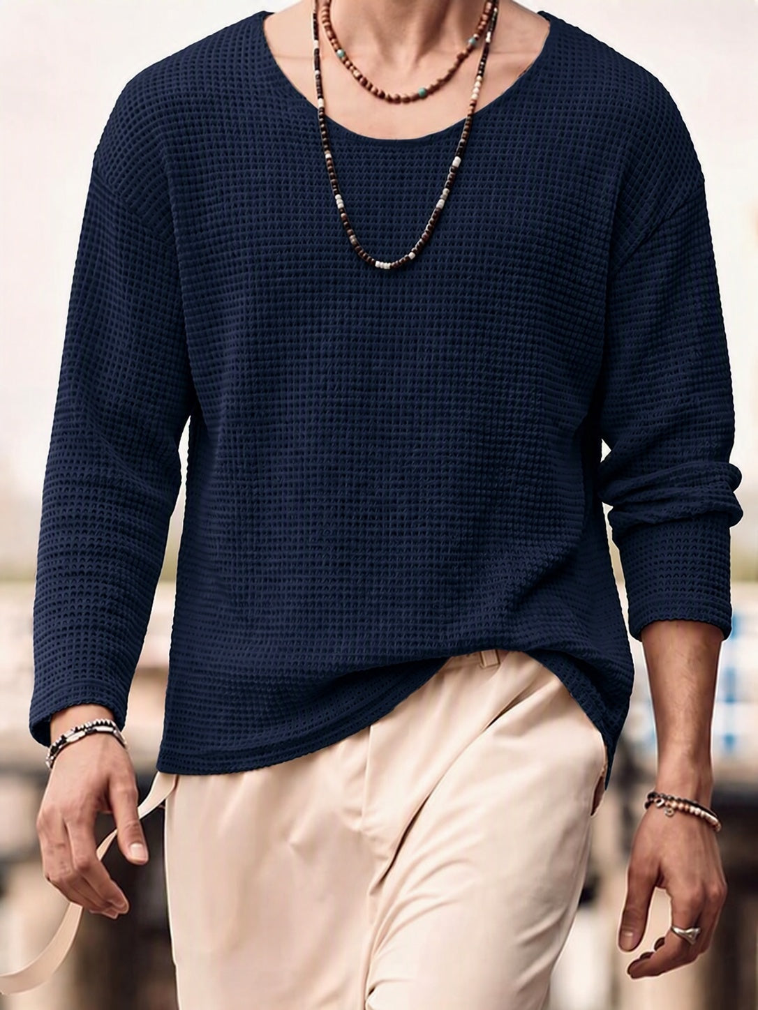 Waffle Knit Deep U-Neck Drop Shoulder Pullover Shirt