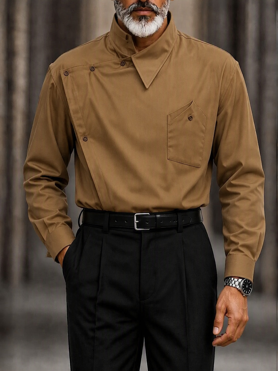 Avant-Garde Asymmetrical Collar Diagonal Placket Shirt