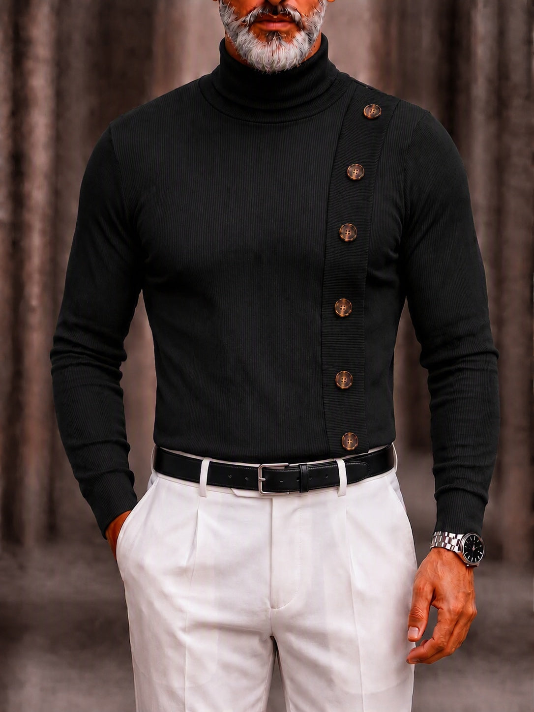 Decorative Buttons Ribbed Knit Turtleneck Sweater