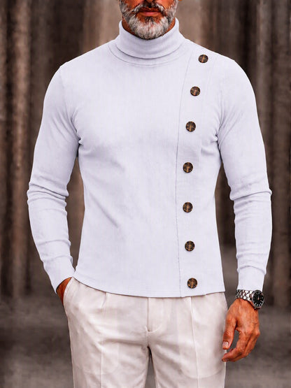 Decorative Buttons Ribbed Knit Turtleneck Sweater