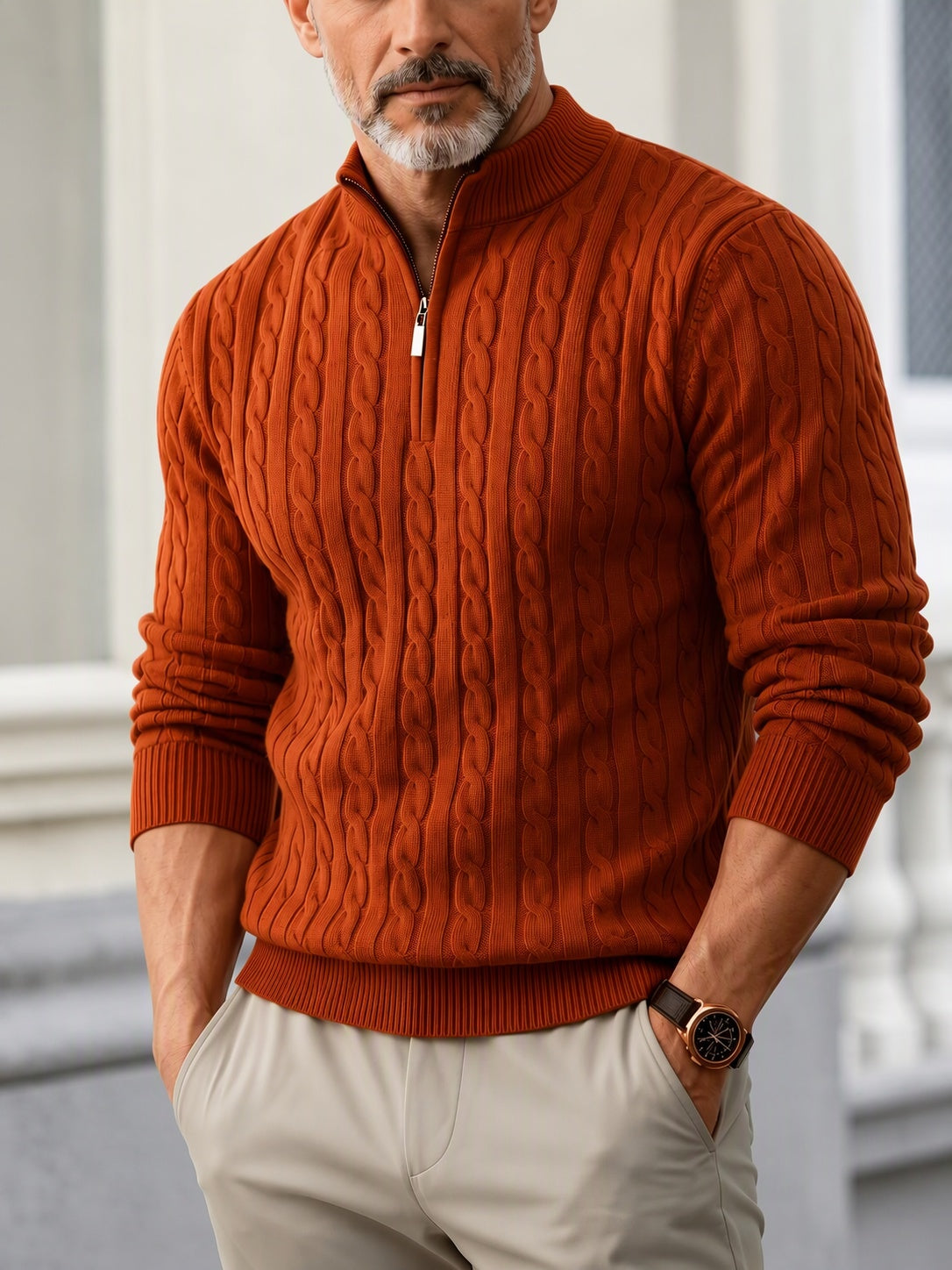 Cable Knit Quarter Zip Sweater Vintage Mock Neck Pullover
