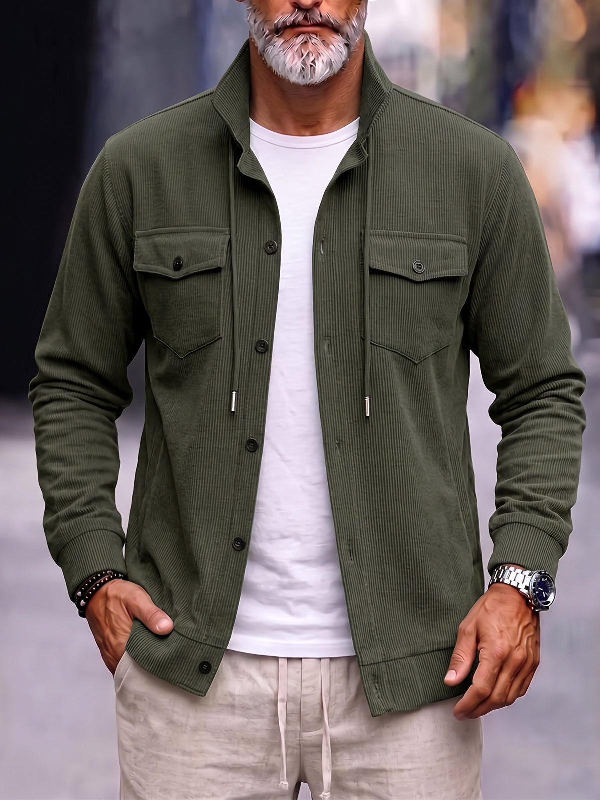 Corduroy Stand Collar Shirt Jacket with Pockets