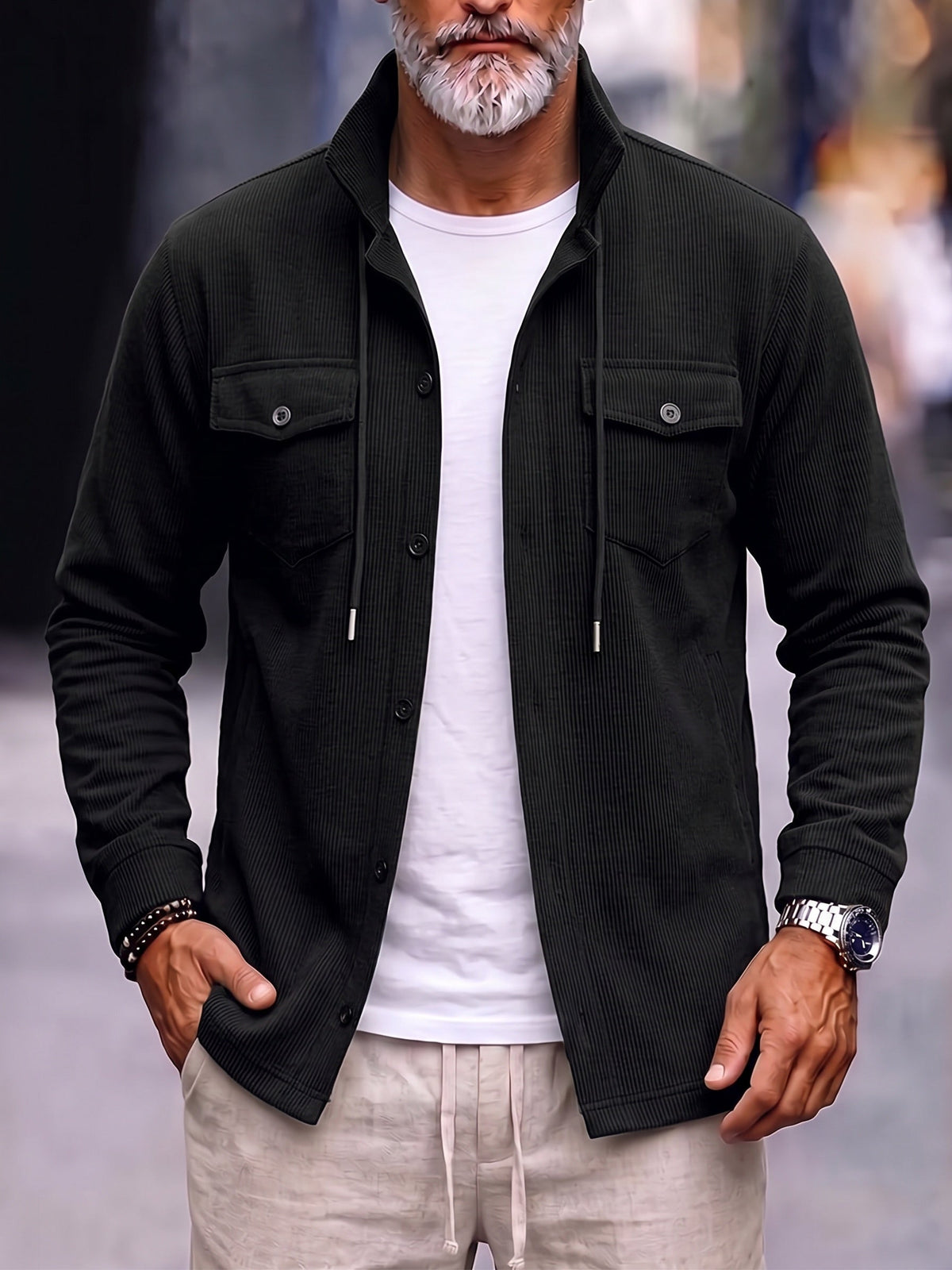 Corduroy Stand Collar Shirt Jacket with Pockets