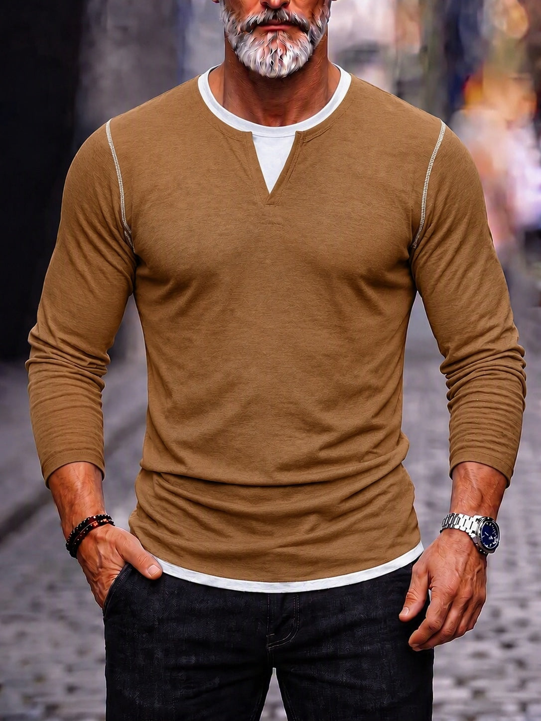Men's Notch V-Neck Layered Hem Long Sleeve Shirt