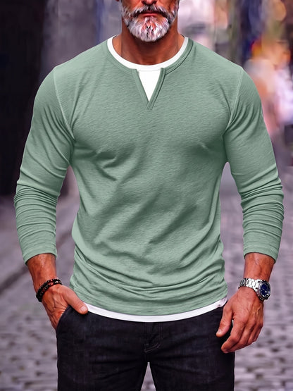 Men's Notch V-Neck Layered Hem Long Sleeve Shirt