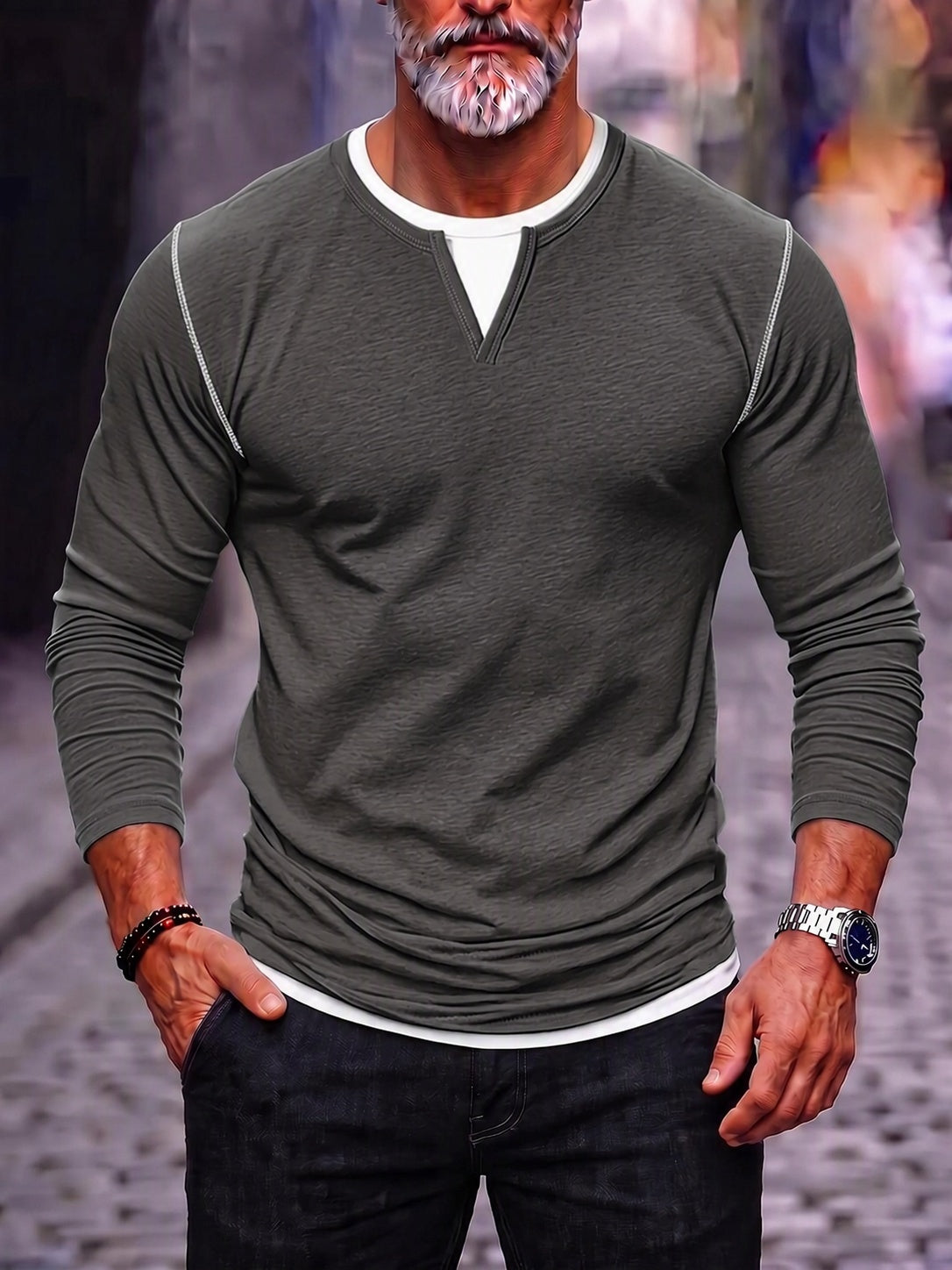 Men's Notch V-Neck Layered Hem Long Sleeve Shirt