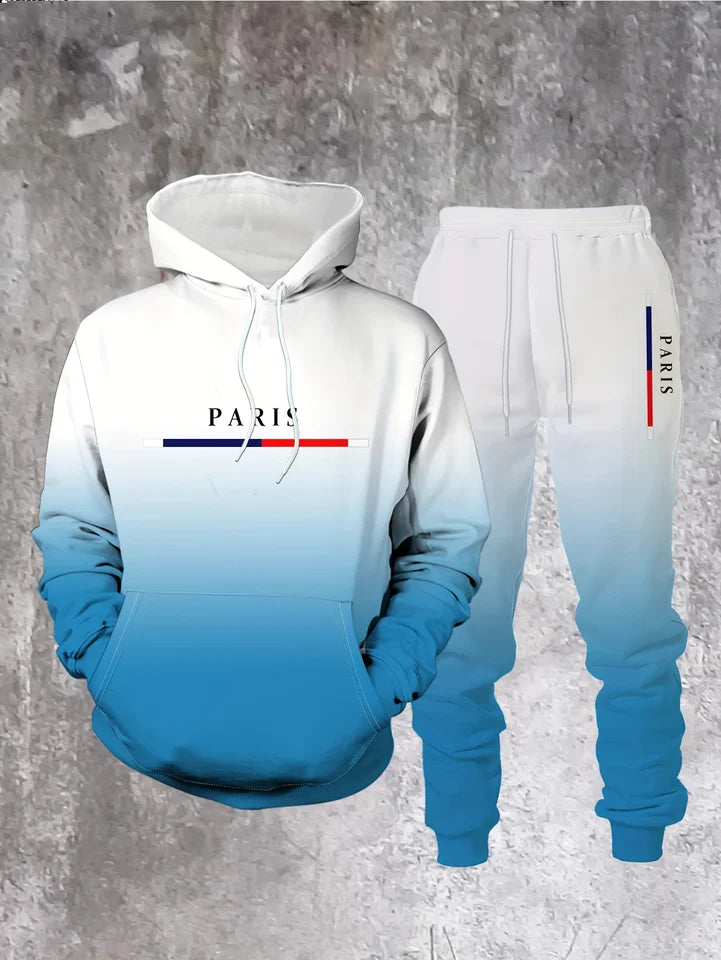 Gradient Color Paris Tracksuit Outfit Men's Street Fashion 3D Print Sport Hoodie 2-Piece Autumn/Winter Sweatshirt Sweatpants Set