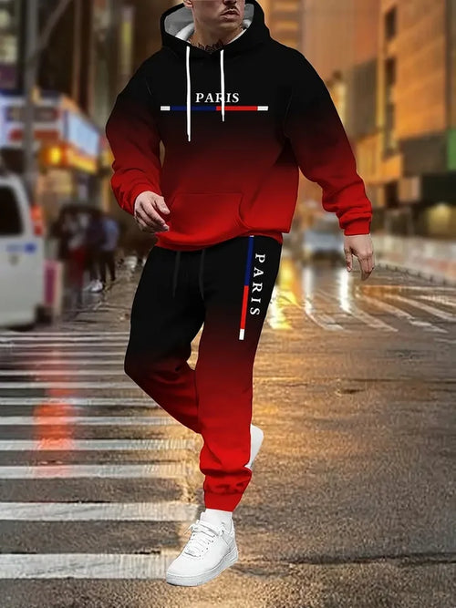 Gradient Color Paris Tracksuit Outfit Men's Street Fashion 3D Print Sport Hoodie 2-Piece Autumn/Winter Sweatshirt Sweatpants Set