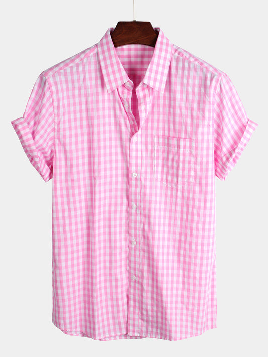 Men's Plaid Cotton Casual Solid Color Pocket Summer Holiday Button Up Short Sleeve Shirt