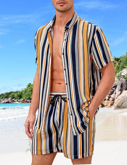 Men's Blue & White Striped Vintage Style Short Sleeve Set