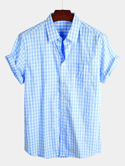 Men's Plaid Cotton Casual Solid Color Pocket Summer Holiday Button Up Short Sleeve Shirt
