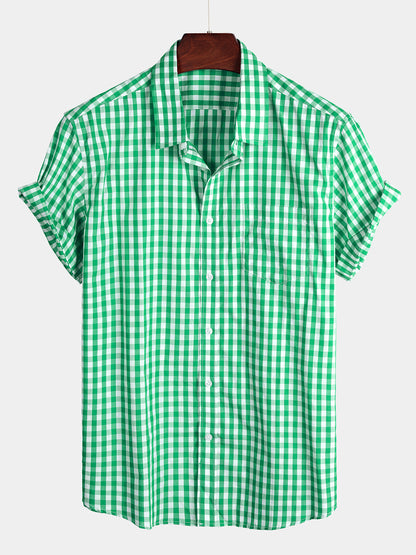 Men's Plaid Cotton Casual Solid Color Pocket Summer Holiday Button Up Short Sleeve Shirt