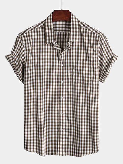 Men's Plaid Cotton Casual Solid Color Pocket Summer Holiday Button Up Short Sleeve Shirt