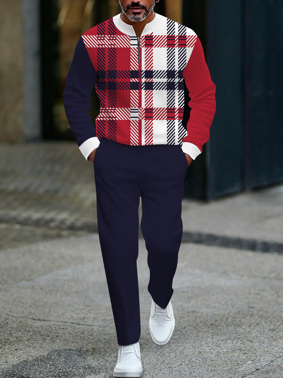 Men's casual multi-color checked print zipper long-sleeved two-piece set