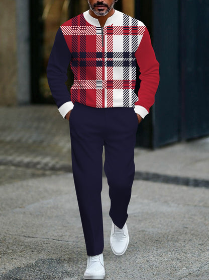 Men's casual multi-color checked print zipper long-sleeved two-piece set