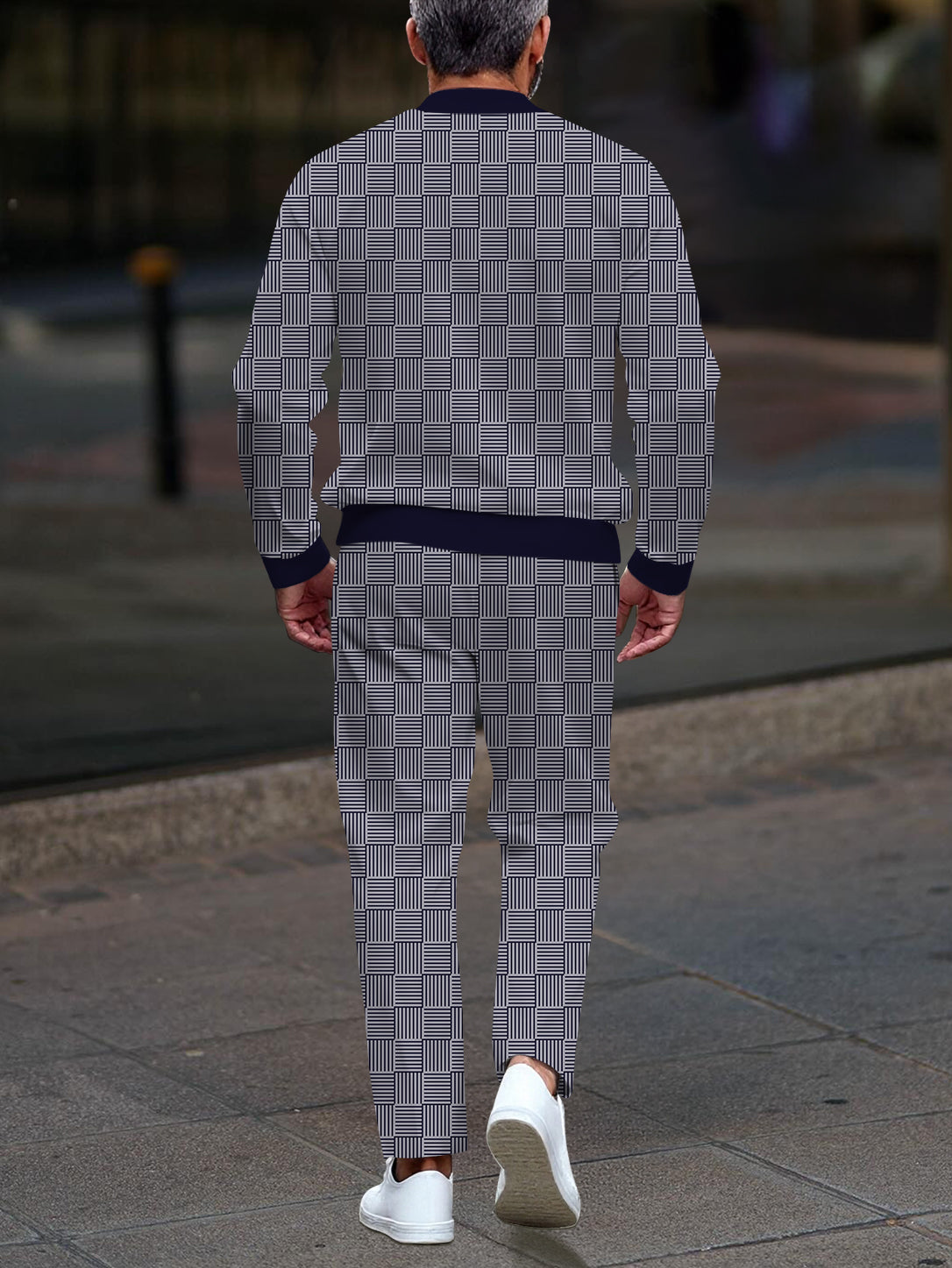 Men's casual navy checkered printed zipper long-sleeved two-piece set