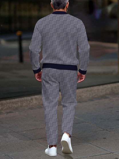 Men's casual navy checkered printed zipper long-sleeved two-piece set