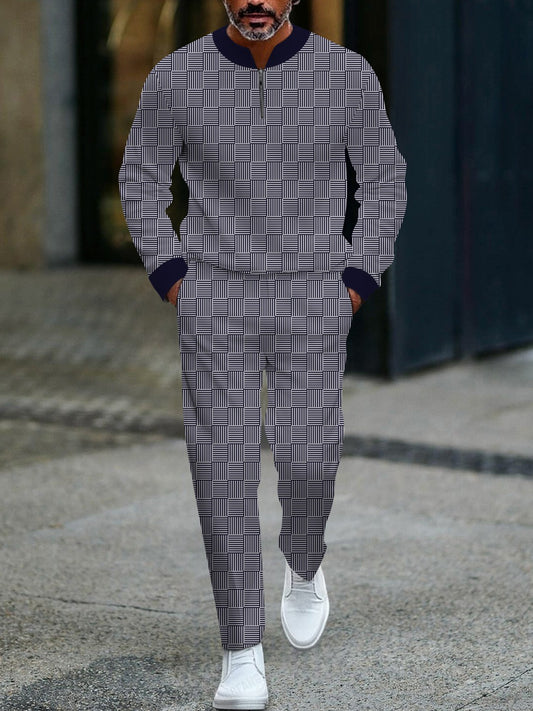 Men's casual navy checkered printed zipper long-sleeved two-piece set