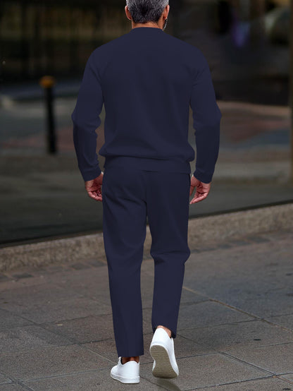 Men's casual navy blue geometric print zipper long-sleeved two-piece set