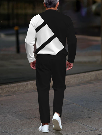 Men's casual black geometric print zipper long-sleeved two-piece set