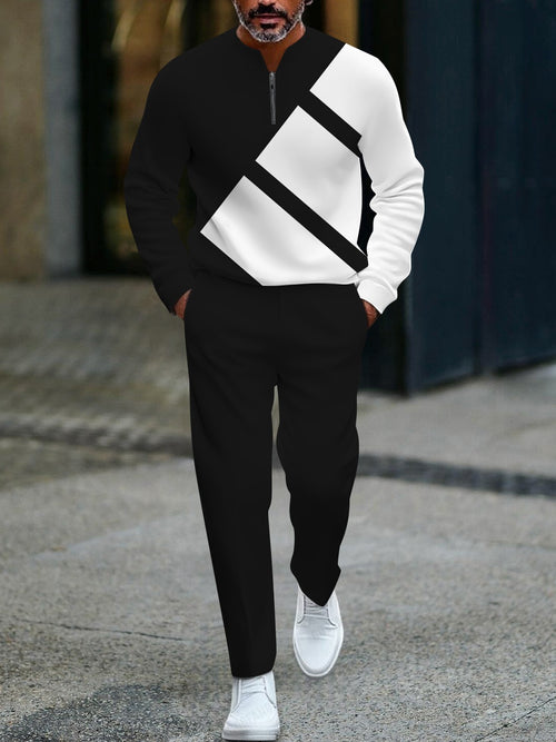 Men's casual black geometric print zipper long-sleeved two-piece set