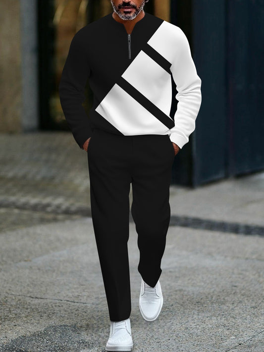 Men's casual black geometric print zipper long-sleeved two-piece set