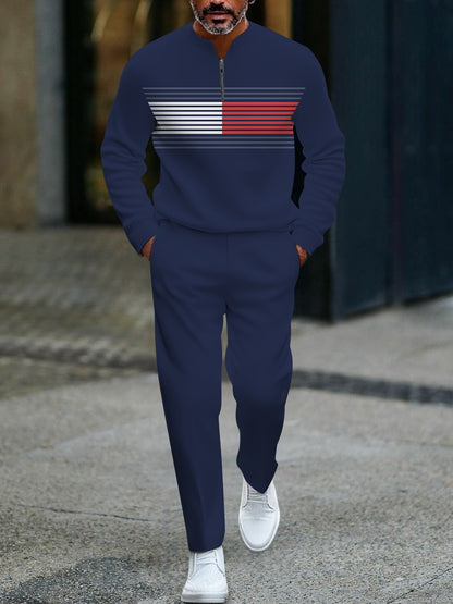 Men's casual navy blue striped button-down long-sleeved two-piece set