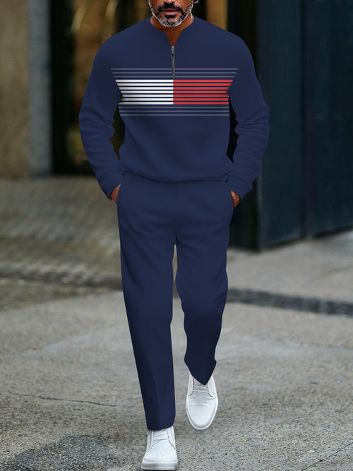 Men's casual navy blue striped button-down long-sleeved two-piece set