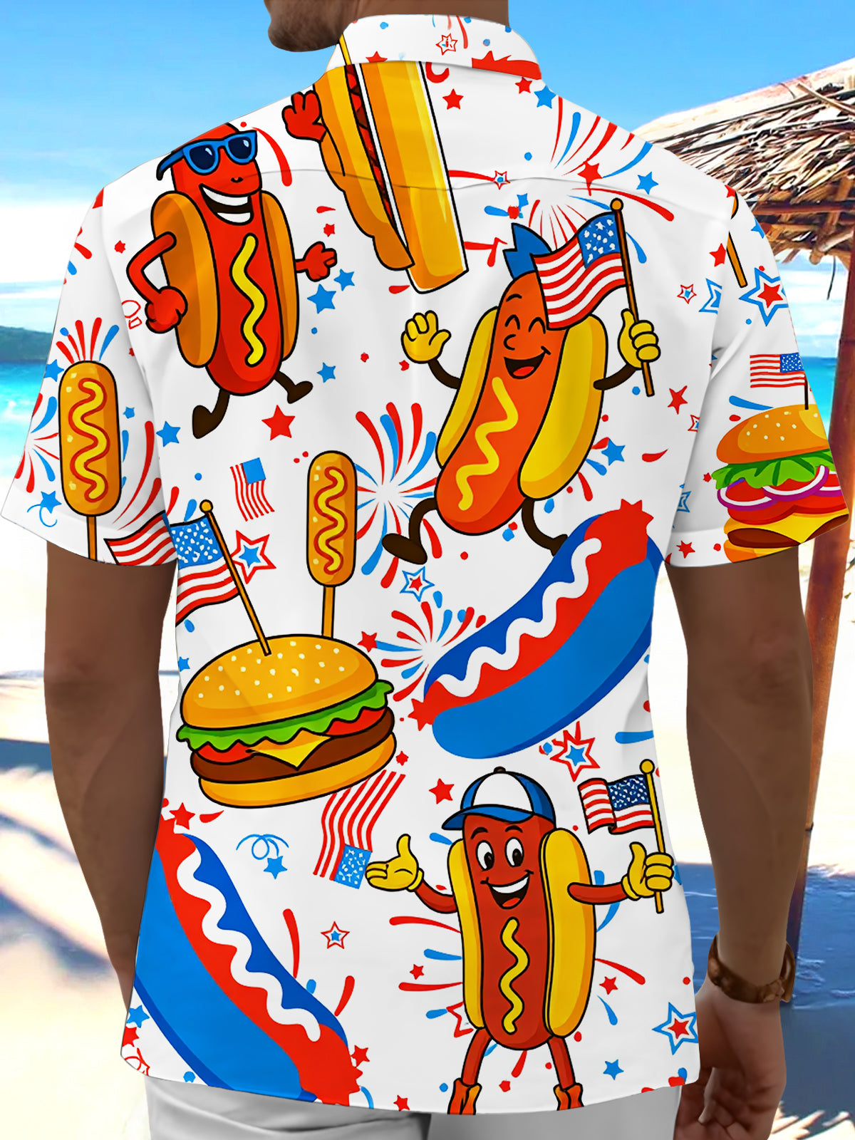 American Flag Hot Dog Burger Funny Print Men's Pocket Short Sleeve Shirts