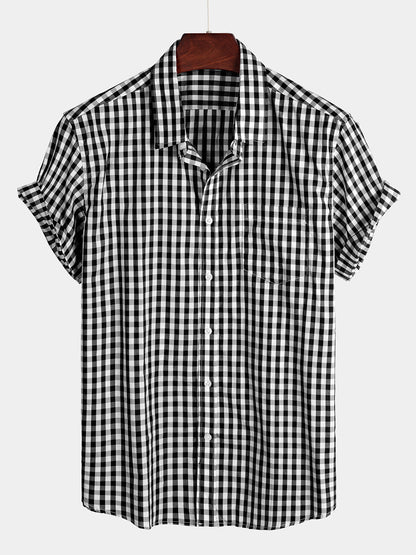 Men's Plaid Cotton Casual Solid Color Pocket Summer Holiday Button Up Short Sleeve Shirt